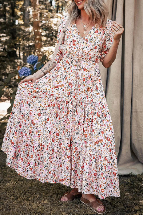 Boho Half Sleeve Floral V Neck Maxi Dress - MimiStylez