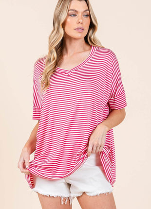 BOMBOM Striped V-Neck T-Shirt - MimiStylez