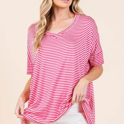 BOMBOM Striped V-Neck T-Shirt - MimiStylez