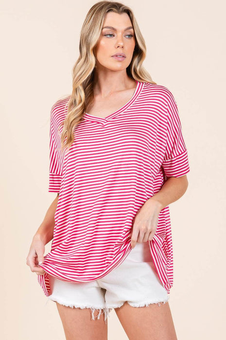 BOMBOM Striped V-Neck T-Shirt - MimiStylez
