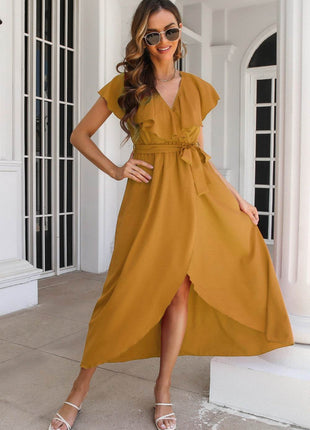 Ruffled Surplice Tie Waist Slit Midi Dress - MimiStylez