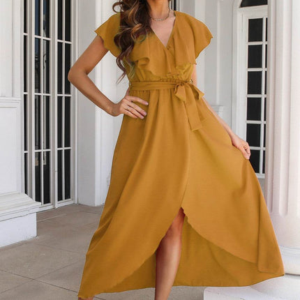 Ruffled Surplice Tie Waist Slit Midi Dress - MimiStylez