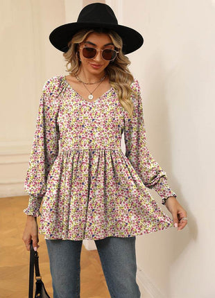Printed V-Neck Lantern Sleeve Blouse - MimiStylez
