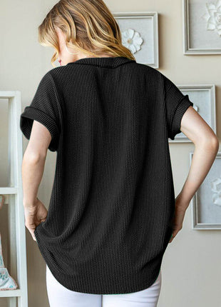 Heimish Full Size Front Pocket Short Sleeve Ribbed Top - MimiStylez