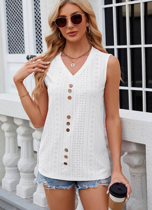 Decorative Button Eyelet V-Neck Tank - MimiStylez