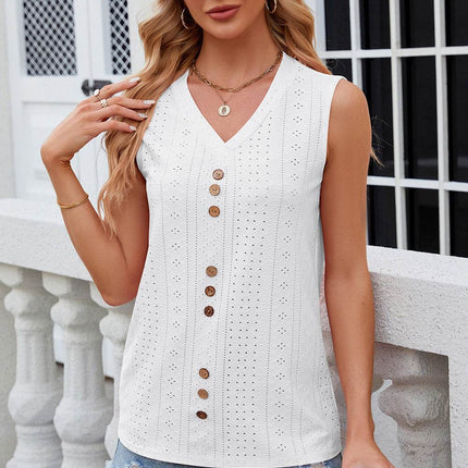 Decorative Button Eyelet V-Neck Tank - MimiStylez