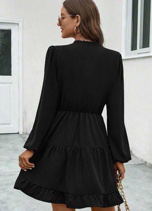 V-Neck Tie Neck Long Sleeve Dress - MimiStylez