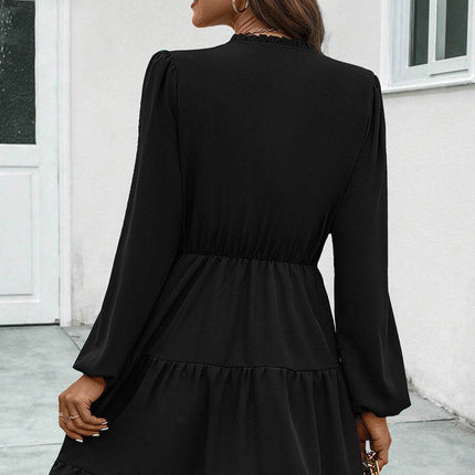 V-Neck Tie Neck Long Sleeve Dress - MimiStylez