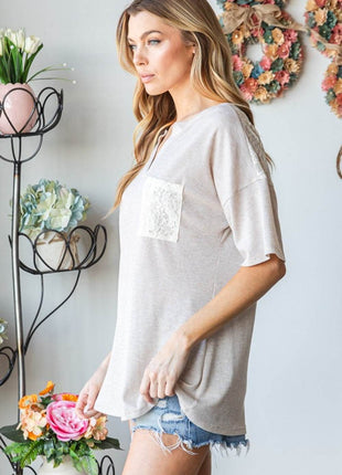 Heimish Full Size Lace Front Pocket Drop Shoulder Top - MimiStylez
