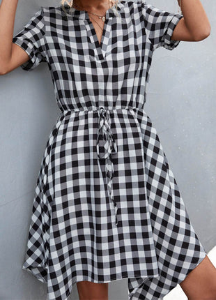 Plaid Notched Short Sleeve Dress - MimiStylez