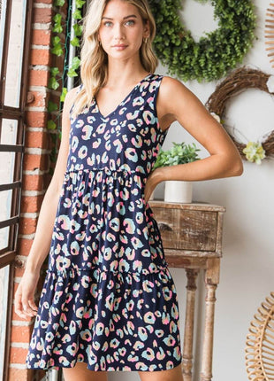 Heimish Full Size Leopard V-Neck Ruffled Tank Dress - MimiStylez