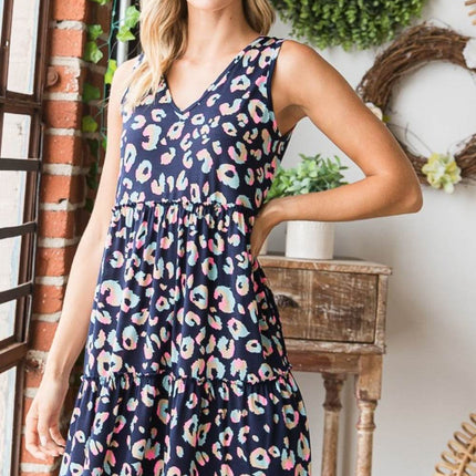Heimish Full Size Leopard V-Neck Ruffled Tank Dress - MimiStylez