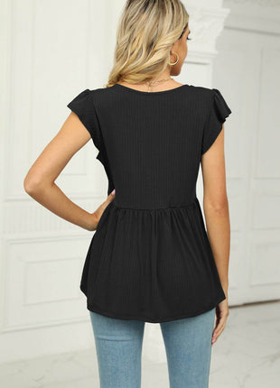 V-Neck Flutter Sleeve Babydoll Blouse - MimiStylez