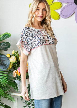 Heimish Full Size Exposed Seam Leopard Short Sleeve T-Shirt - MimiStylez