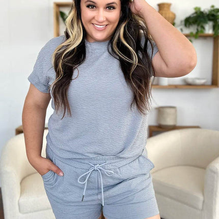 Double Take Full Size Texture Short Sleeve T-Shirt and Drawstring Shorts Set - MimiStylez