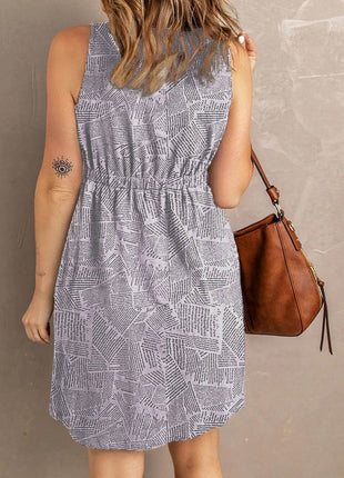 Double Take Printed Scoop Neck Sleeveless Buttoned Magic Dress with Pockets - MimiStylez