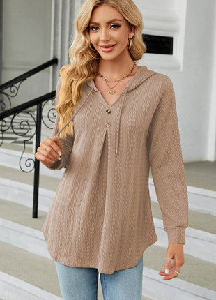 Decorative Button Drawstring Long Sleeve Hoodie - MimiStylez