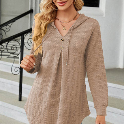Decorative Button Drawstring Long Sleeve Hoodie - MimiStylez