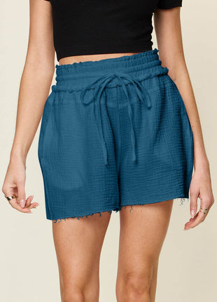 Double Take Full Size Texture Raw Trim Drawstring Shorts - MimiStylez