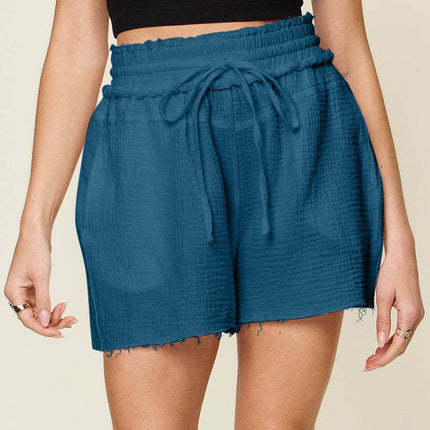 Double Take Full Size Texture Raw Trim Drawstring Shorts - MimiStylez