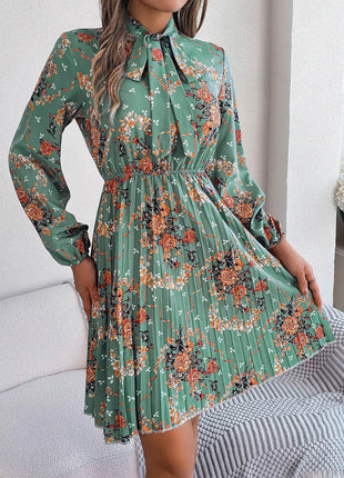 Pleated Printed Tie Neck Long Sleeve Dress - MimiStylez