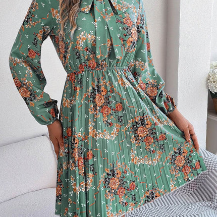 Pleated Printed Tie Neck Long Sleeve Dress - MimiStylez