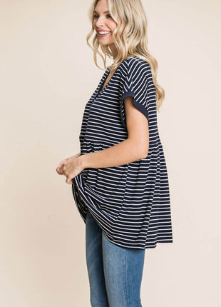 Cotton Bleu by Nu Label Striped Button Front Baby Doll Top - MimiStylez