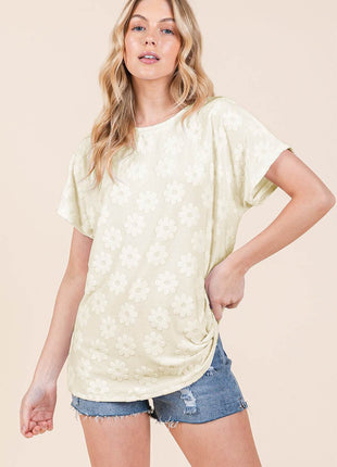BOMBOM Textured Floral Pattern Short Sleeve T-Shirt - MimiStylez