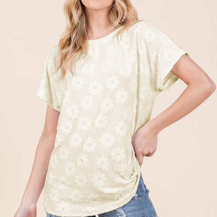 BOMBOM Textured Floral Pattern Short Sleeve T-Shirt - MimiStylez