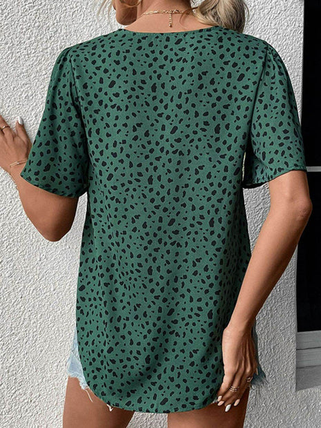 Animal Print V-Neck Flutter Sleeve Blouse - MimiStylez