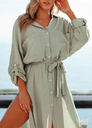 Button Down Tie Waist Shirt Dress - MimiStylez