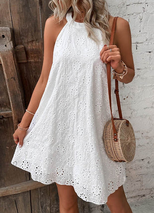 Eyelet Grecian Neck Mini Dress - MimiStylez