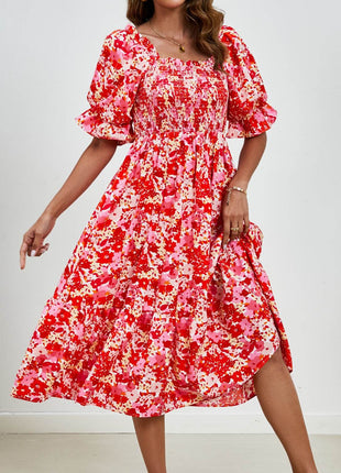 Smocked Floral Square Neck Short Sleeve Dress - MimiStylez