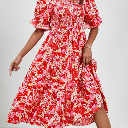 Smocked Floral Square Neck Short Sleeve Dress - MimiStylez