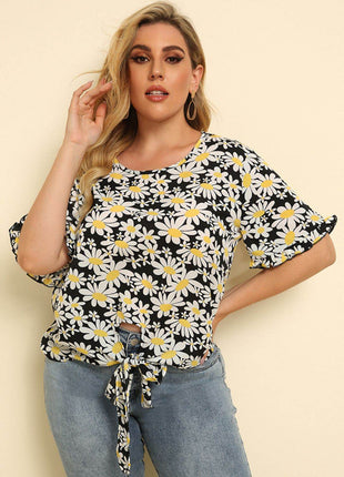 Plus Size Floral Round Neck Tie Hem Blouse - MimiStylez