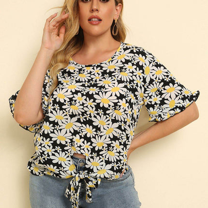 Plus Size Floral Round Neck Tie Hem Blouse - MimiStylez
