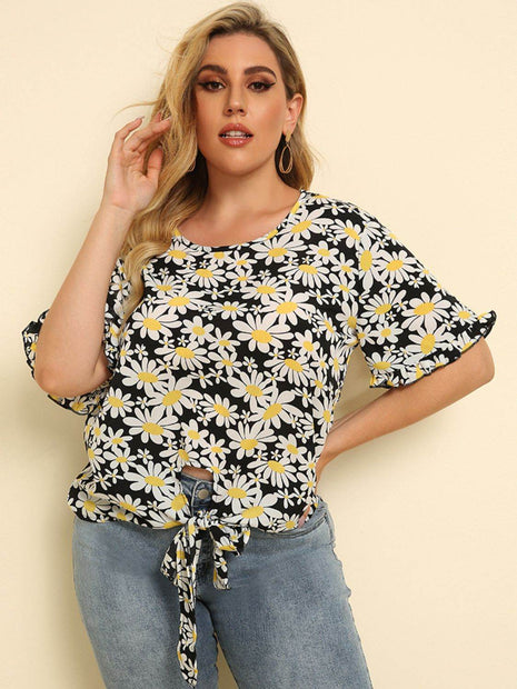 Plus Size Floral Round Neck Tie Hem Blouse - MimiStylez