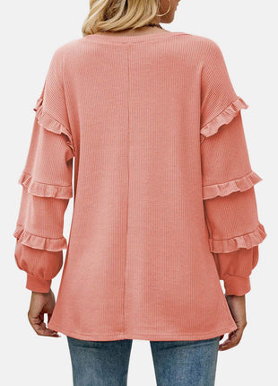 Ruffled V-Neck Long Sleeve T-Shirt - MimiStylez