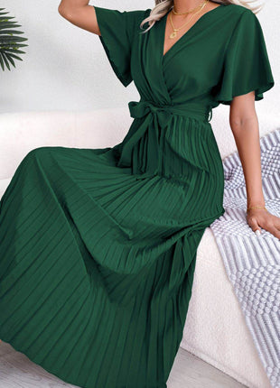 Pleated Flutter Sleeve Belted Dress - MimiStylez