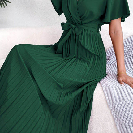 Pleated Flutter Sleeve Belted Dress - MimiStylez