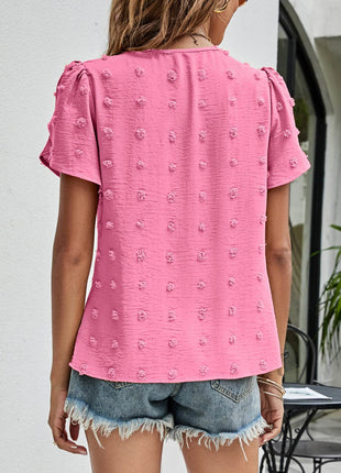Swiss Dot Round Neck Petal Sleeve Top - MimiStylez