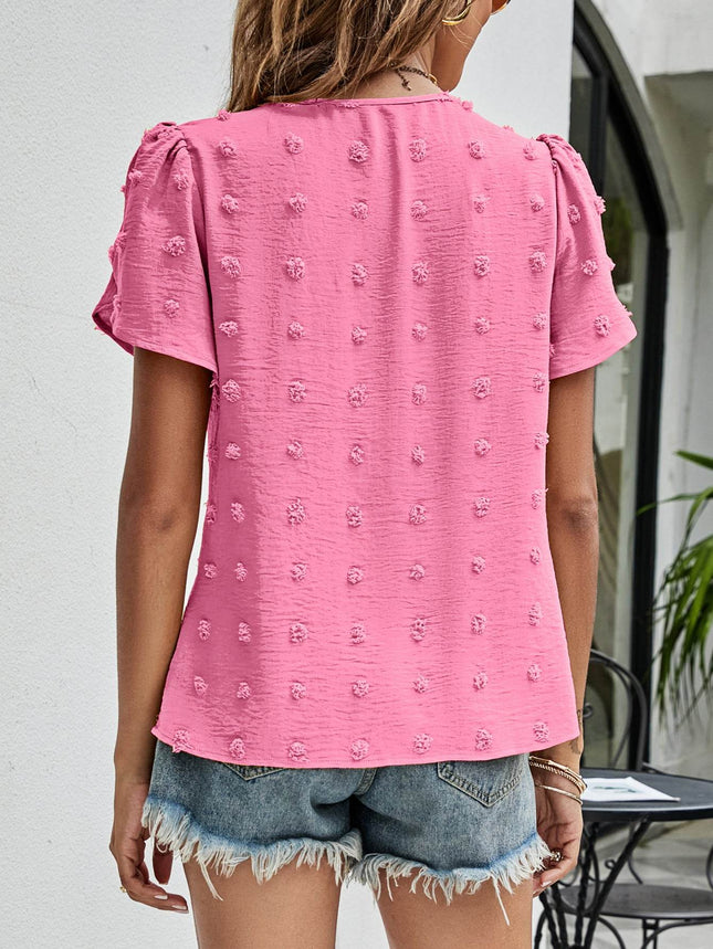 Swiss Dot Round Neck Petal Sleeve Top - MimiStylez
