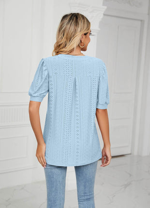 Eyelet Short Puff Sleeve Notched Neck Top - MimiStylez