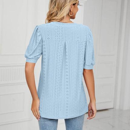 Eyelet Short Puff Sleeve Notched Neck Top - MimiStylez