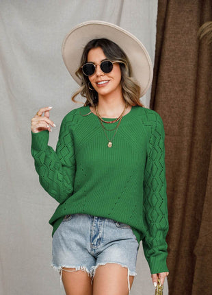 Openwork Round Neck Raglan Sleeve Sweater - MimiStylez