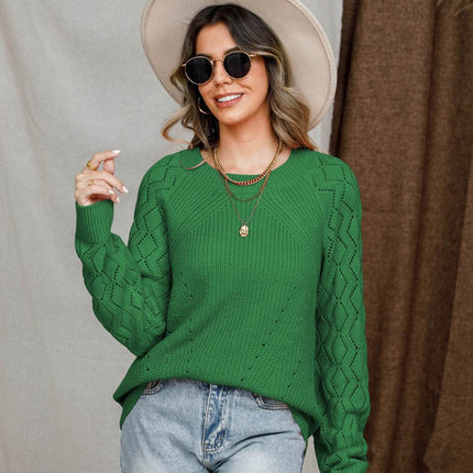 Openwork Round Neck Raglan Sleeve Sweater - MimiStylez
