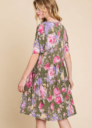 BOMBOM Flower Print V-Neck Ruched Dress - MimiStylez