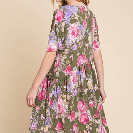 BOMBOM Flower Print V-Neck Ruched Dress - MimiStylez