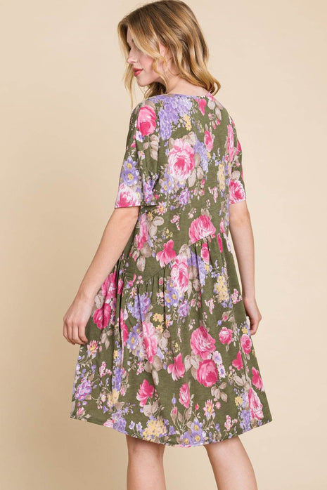 BOMBOM Flower Print V-Neck Ruched Dress - MimiStylez