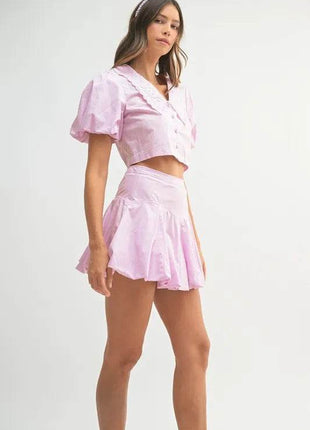 MABLE Puff Sleeve Button Down Top and Bubble Skirt Set - MimiStylez